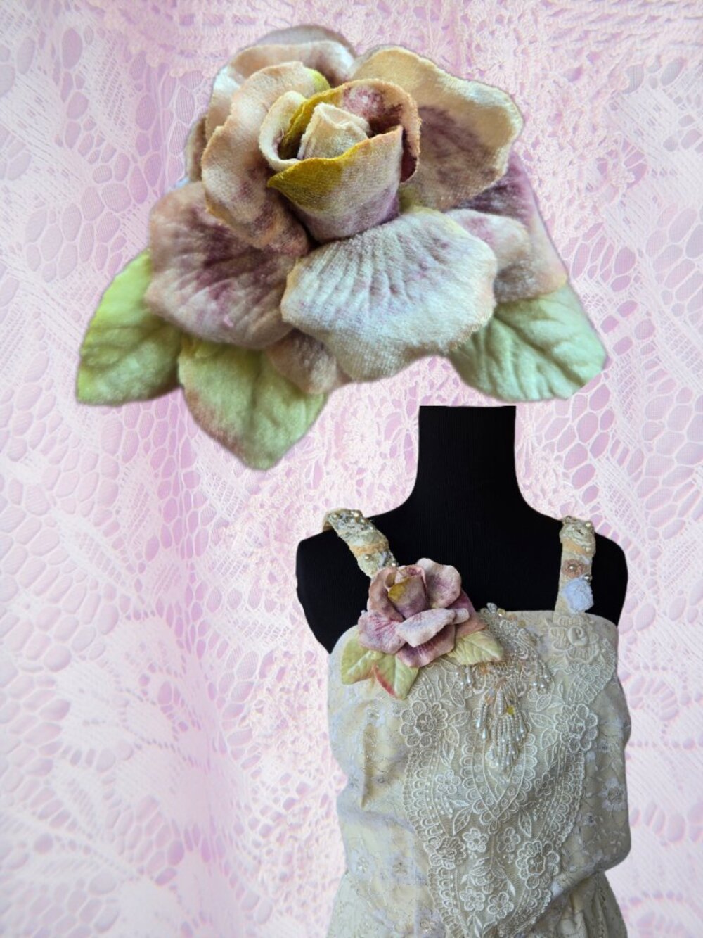 Handmade Mauve and Coco Beige Velvet Rose Brooch Romantic Cottagecore